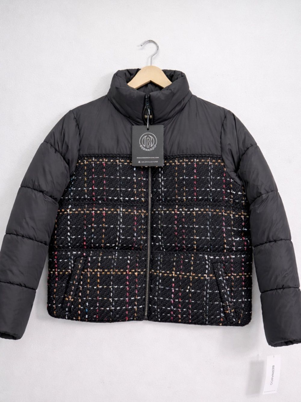 Bernardo Black Puffer Jacket with Tweed Plaid Panel Sz M NWT